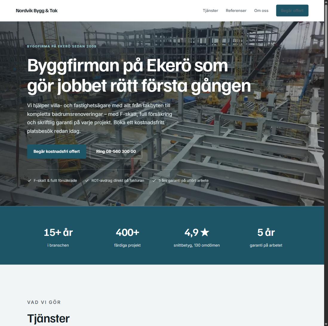 Example site for a construction firm – Nordvik Bygg & Tak